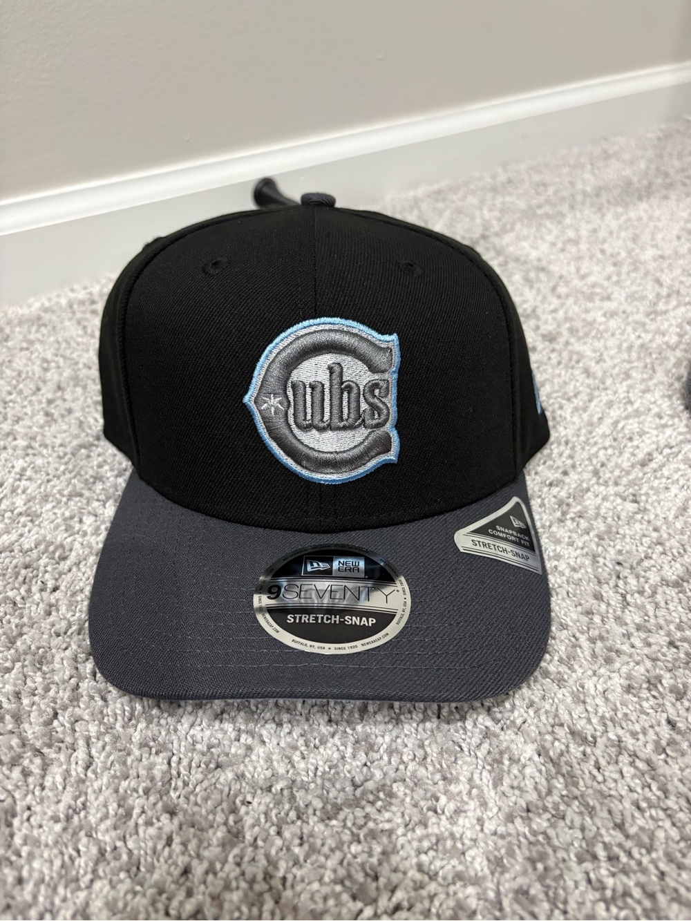 New Era Chicago Cubs Black and Gray Snapback Hat with Light Blue Accent